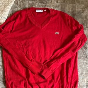 Lacoste Men's Bright Red V-Neck Sweater with Crocodile Logo